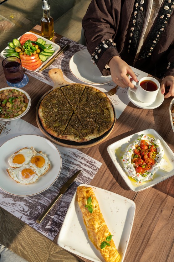 lebanese breakfast table spread at ghusoun restaurant in jeddah